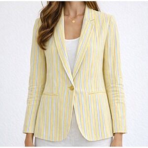 Draper James Linen Blazer Yellow Stripe Preppy Summer Jacket L NWT